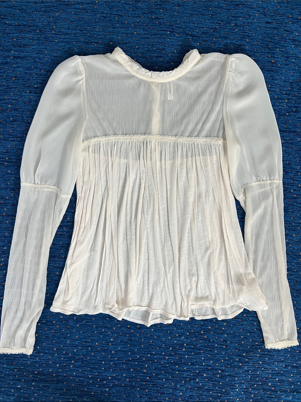 Free People Cream Sheer Long-Sleeve Ruffled Peasant Blouse with buttons up back